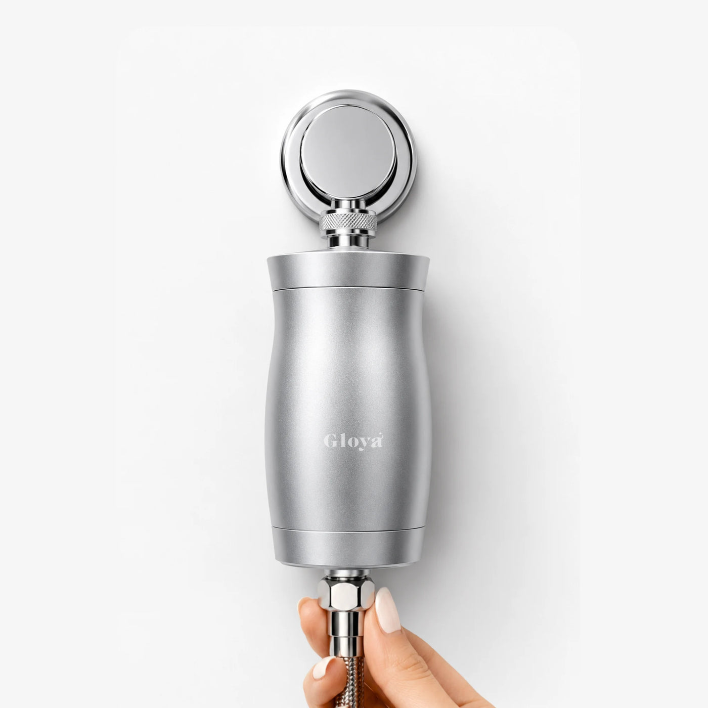 Filtre de douche Gloya en aluminium, tenu à la main