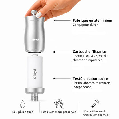 Filtre de douche Gloya ouvert montrant le boîtier en aluminium et la cartouche filtrante anti-chlore