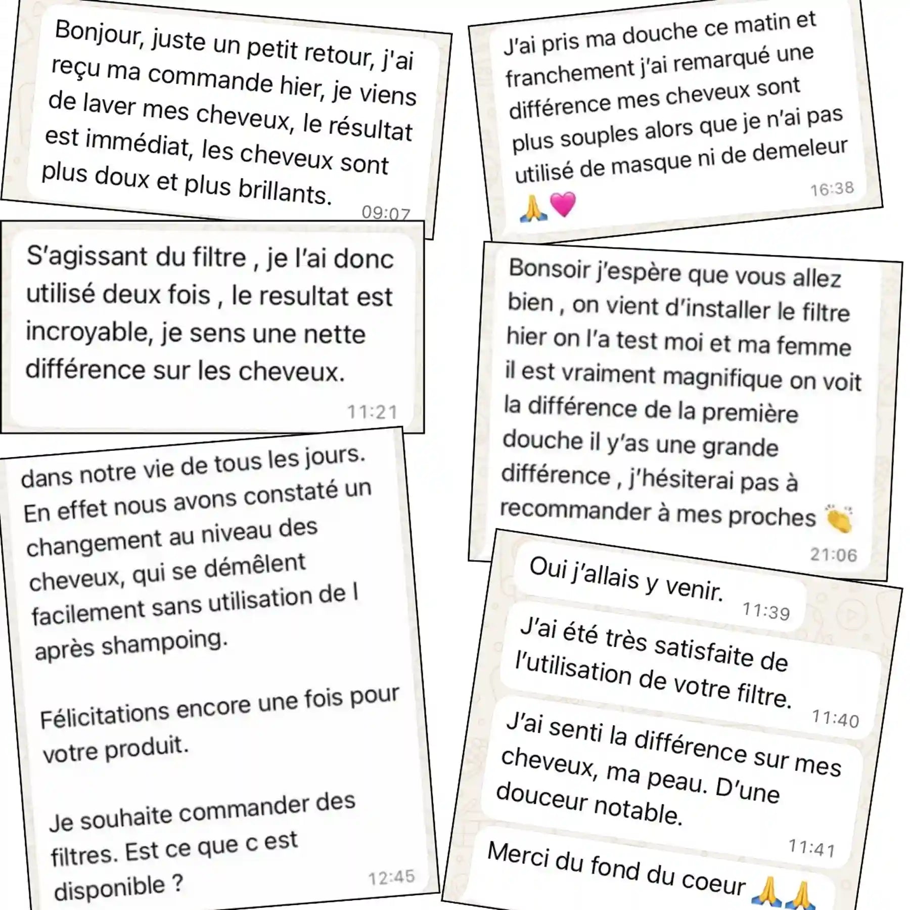 Messages de clientes Gloya partageant leurs résultats sur les cheveux et la peau