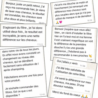 Messages de clientes Gloya partageant leurs résultats sur les cheveux et la peau
