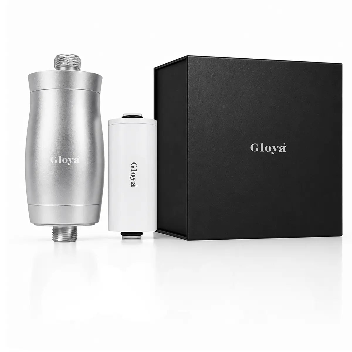 Filtre de douche Gloya en aluminium avec sa cartouche filtrante et son coffret noir
