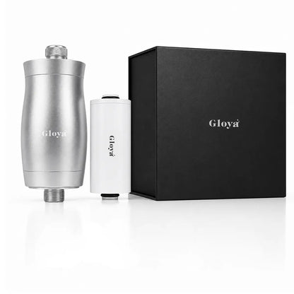 Filtre de douche Gloya en aluminium avec sa cartouche filtrante et son coffret noir